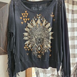 Affliction Black Sweatshirt with Gold Graphic & Fringe Sleeves